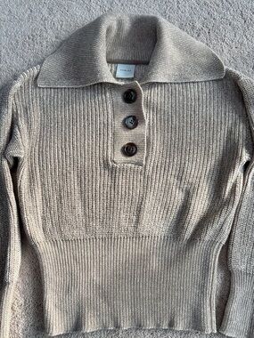 Varley Cotton Knit Sweater Small Neutral Oatmeal Button Neck Pullover